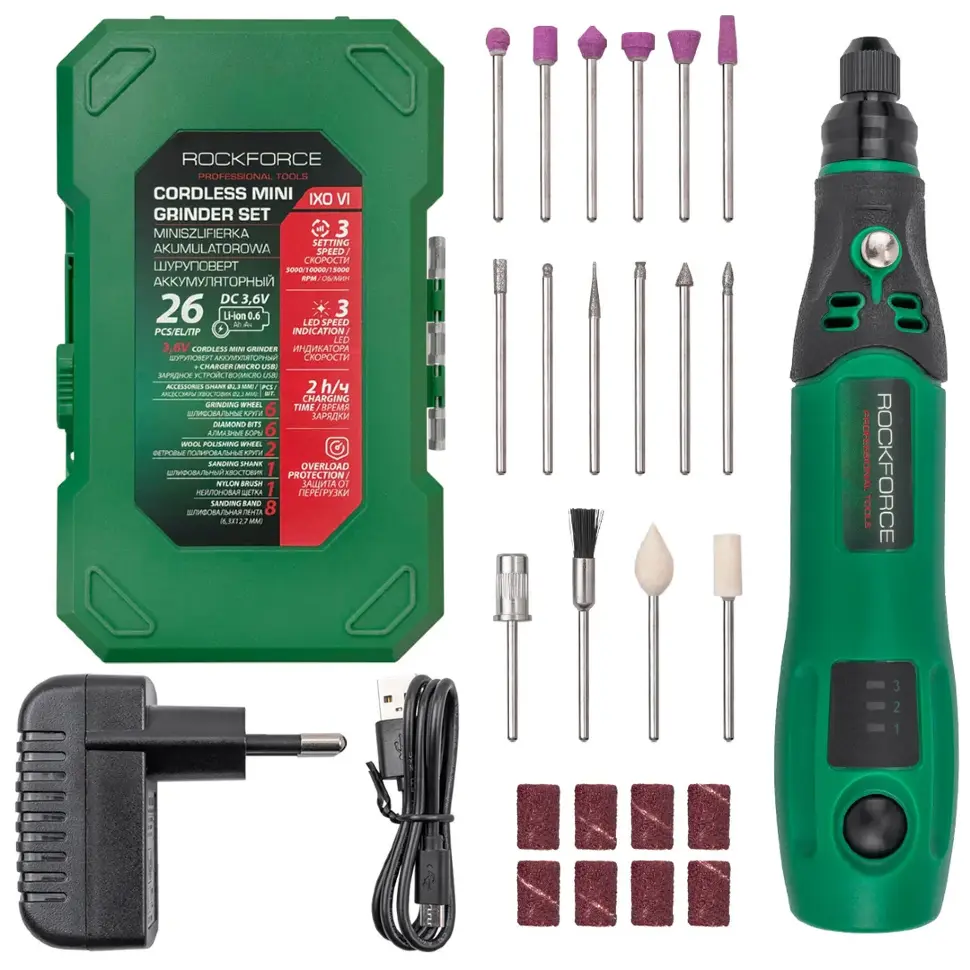 Шуруповерт аккумуляторный (3.6V, Li-ion 600Ah) в комплекте с аксессуарами, набор 26пр. RockFORCE ...Rock FORCE RF-IXO VI