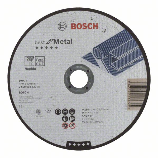 Круг отрезной 180x1.6x22.2 мм. для металла Best (прямой) BOSCH 2608603520