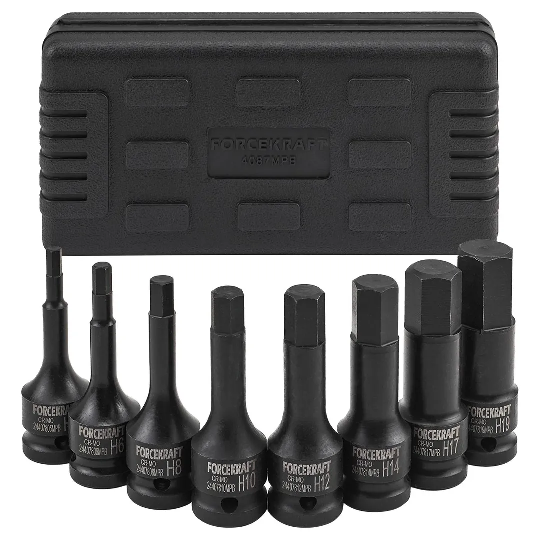 Набор головок-бит 6-гранных ударных 8пр.,1/2"(H5, H6, H8, H10, H12, H14, H17, H19), в кейсе FORCEKRAFT FK-4087MPB