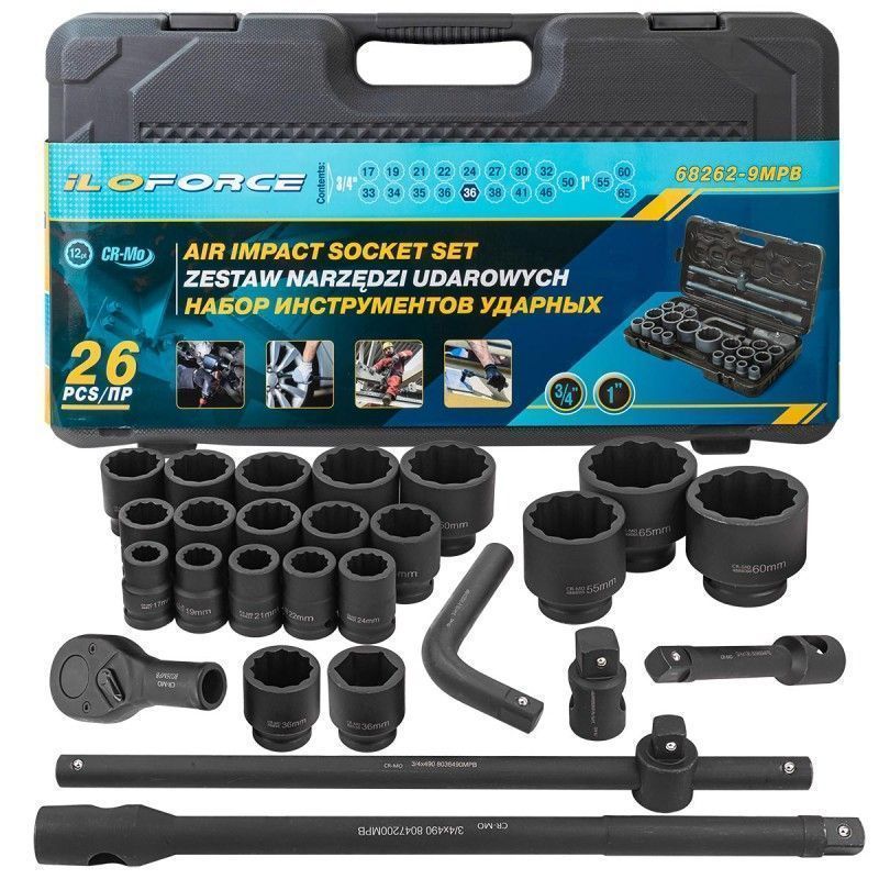 Набор инструментов ударных 26пр., 3/4", 1" 12гр. (17-50мм) ILOforce IF-68262-9MPB