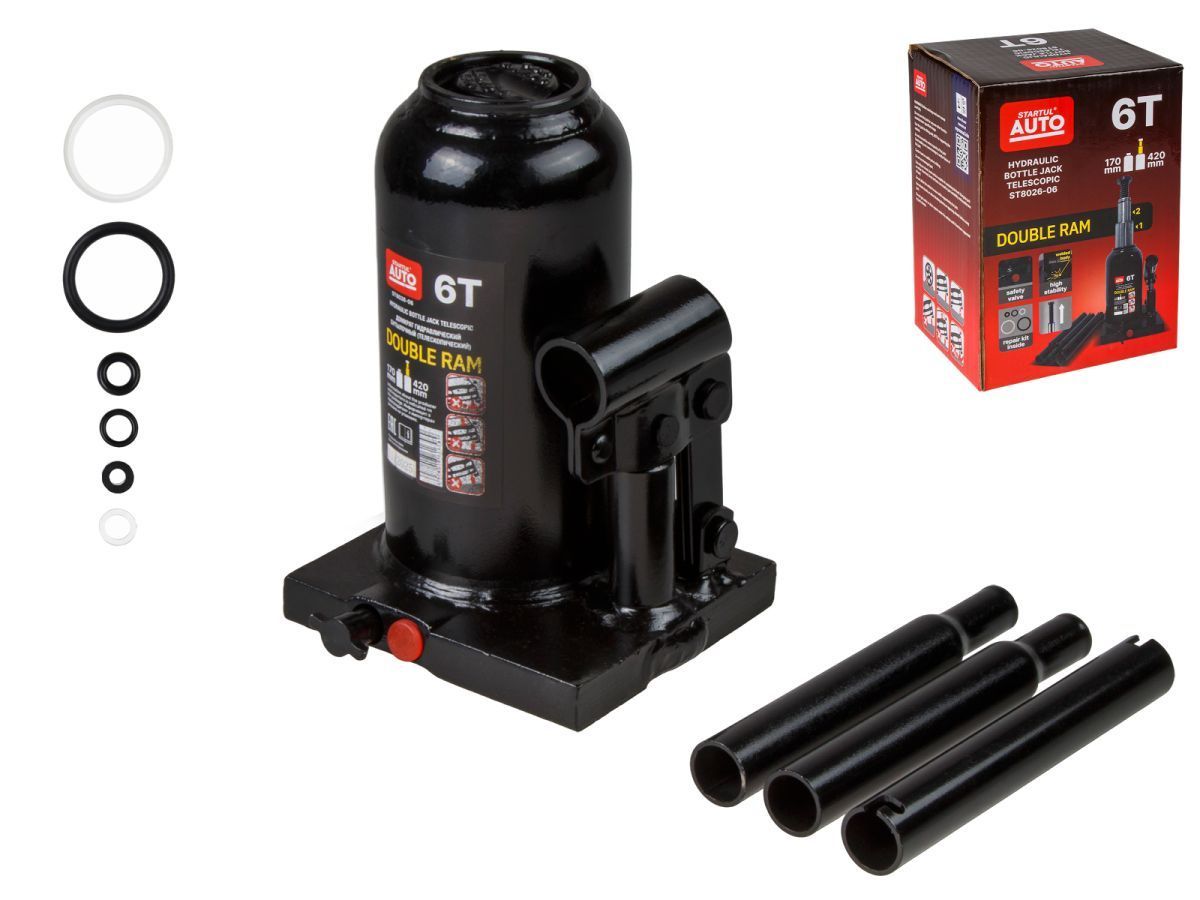 Домкрат гидравлический 6т бутылочный 170-420мм (телескопический) AUTO (ST8026-06) (h min 170мм, h max 420мм, двухштоковый) STARTUL ST8026-06