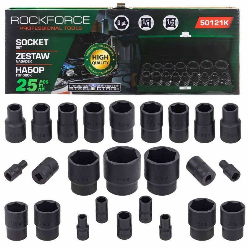 Головки ударные, набор 25пр. 1/4", 1/2" 6гр. (4-32мм) RockFORCE RF-50121K