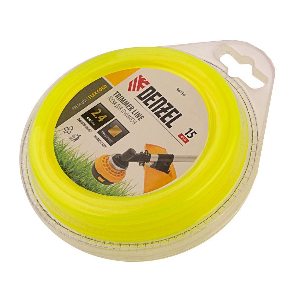 Леска для триммера квадрат 2.4 mm х 15 м, блистер FLEX CORD DENZEL 96116