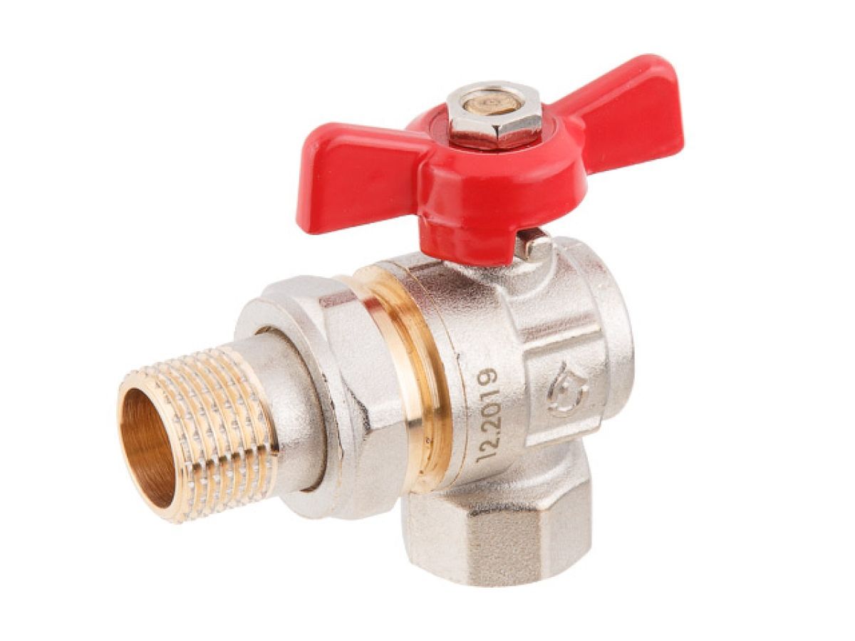 Кран шаровый угловой 1/2" нар.-вн. бабочка (со сгоном) PN40 AV Engineering AVE094012E