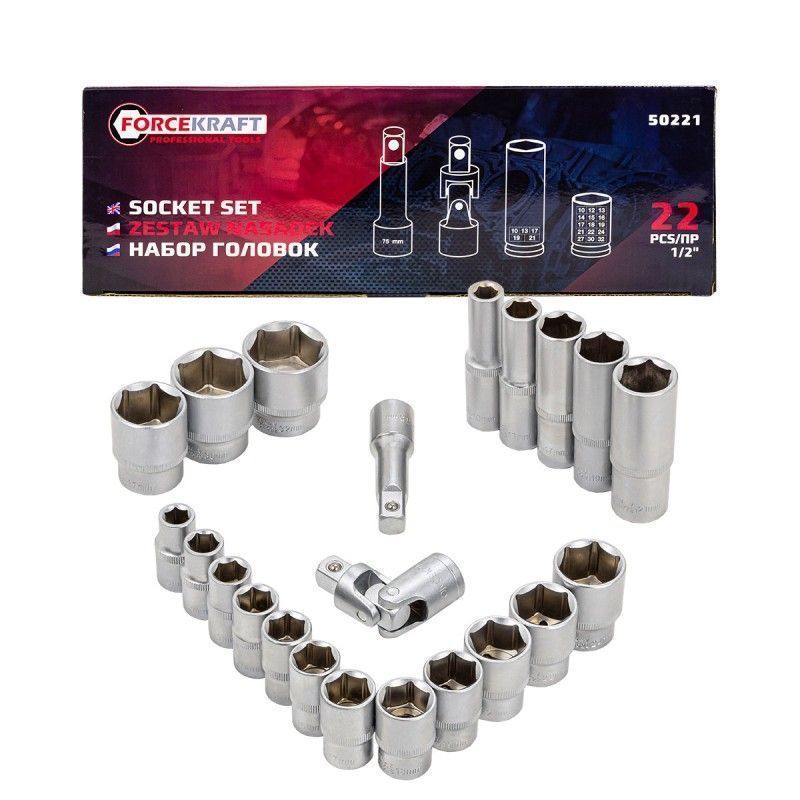Головки, 22пр., 1/2", 10-32мм (6гр.) FORCEKRAFT FK-50221