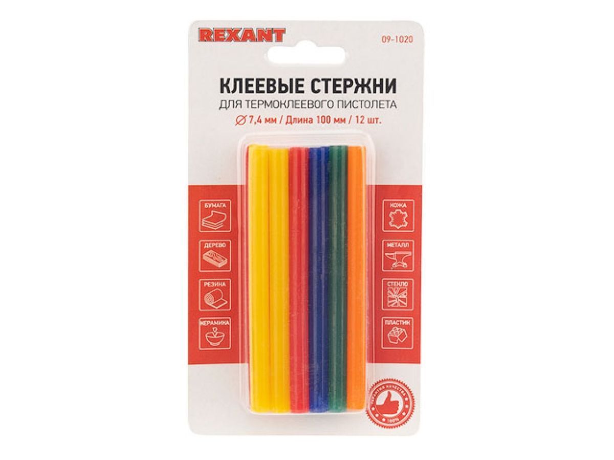 Стержни клеевые d=7,4 mm, L=100 mm, цветные (упак. 12 шт.), блистер REXANT 09-1020