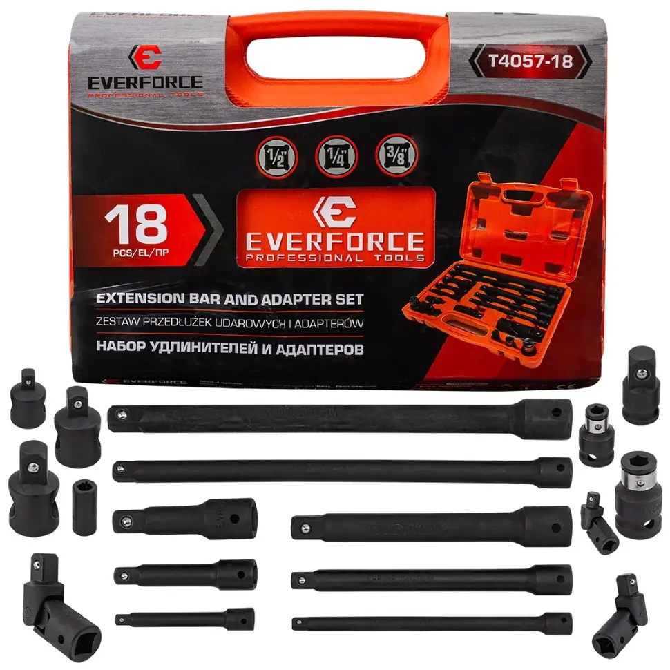 Набор удлинителей и адаптеров 18пр. 1/4" 3/8" 1/2" EVERFORCE EF-T4057-18