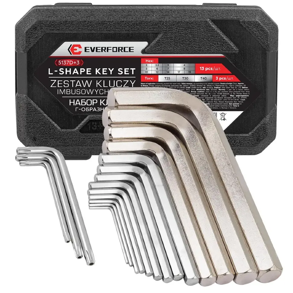 Ключи Г-образные 6-гранные, набор 13+3пр. (2, 2.5, 3-8, 10, 12, 14, 17, 19мм + T25, T30, T40) EVERFORCE EF-5137D+3
