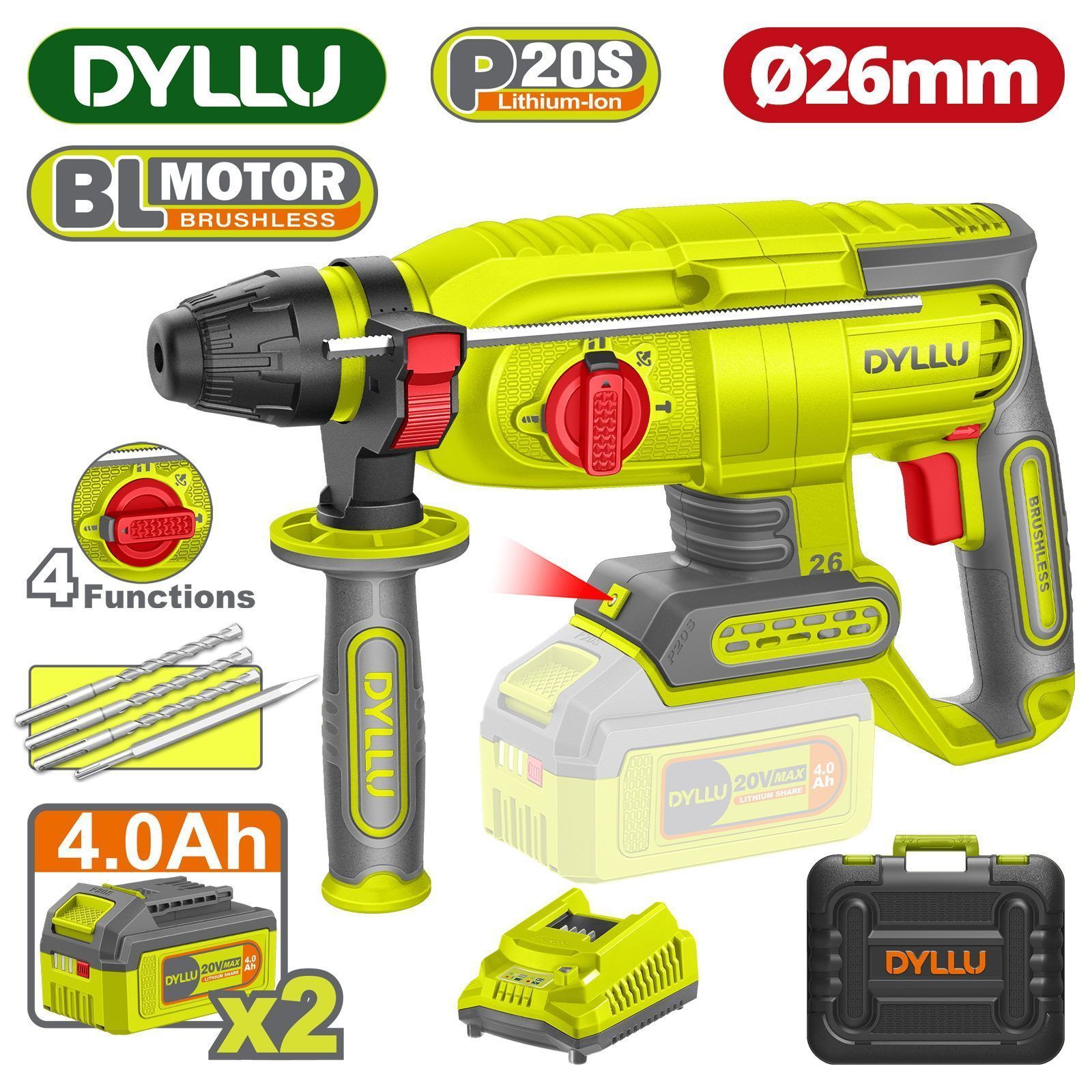 Перфоратор аккумуляторный , 20В, 2АКБ 4,0 А/ч, 2,5Дж, уд/мин 0-5000, скор. хол. хода 0-1100об/мин, DYLLU DTLM1B262