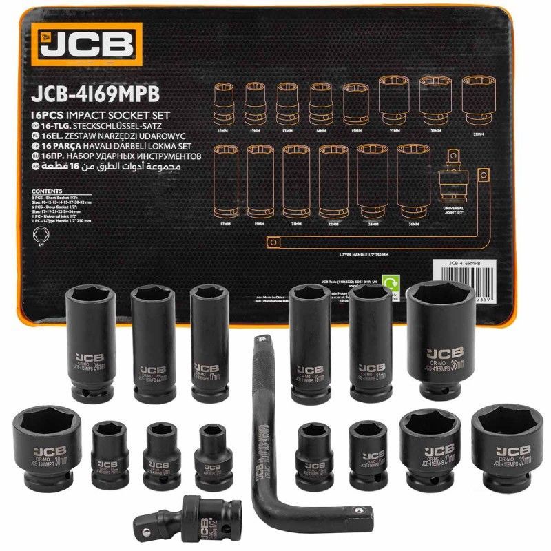 Головки ударные, набор 16пр., 1/2" 10-36мм (6гр.) JCB JCB-4169MPB