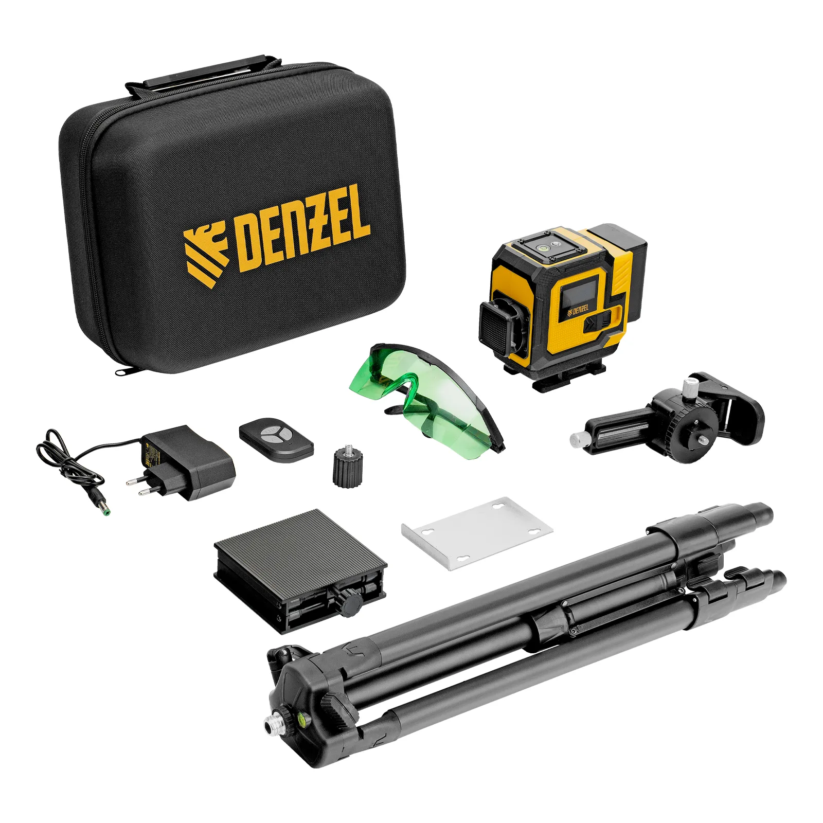 Лазерный уровень мультипризменный DLV-360-3T, 30 м, зеленый луч, Li-Ion 2,4 Aч, штатив  DENZEL 350805