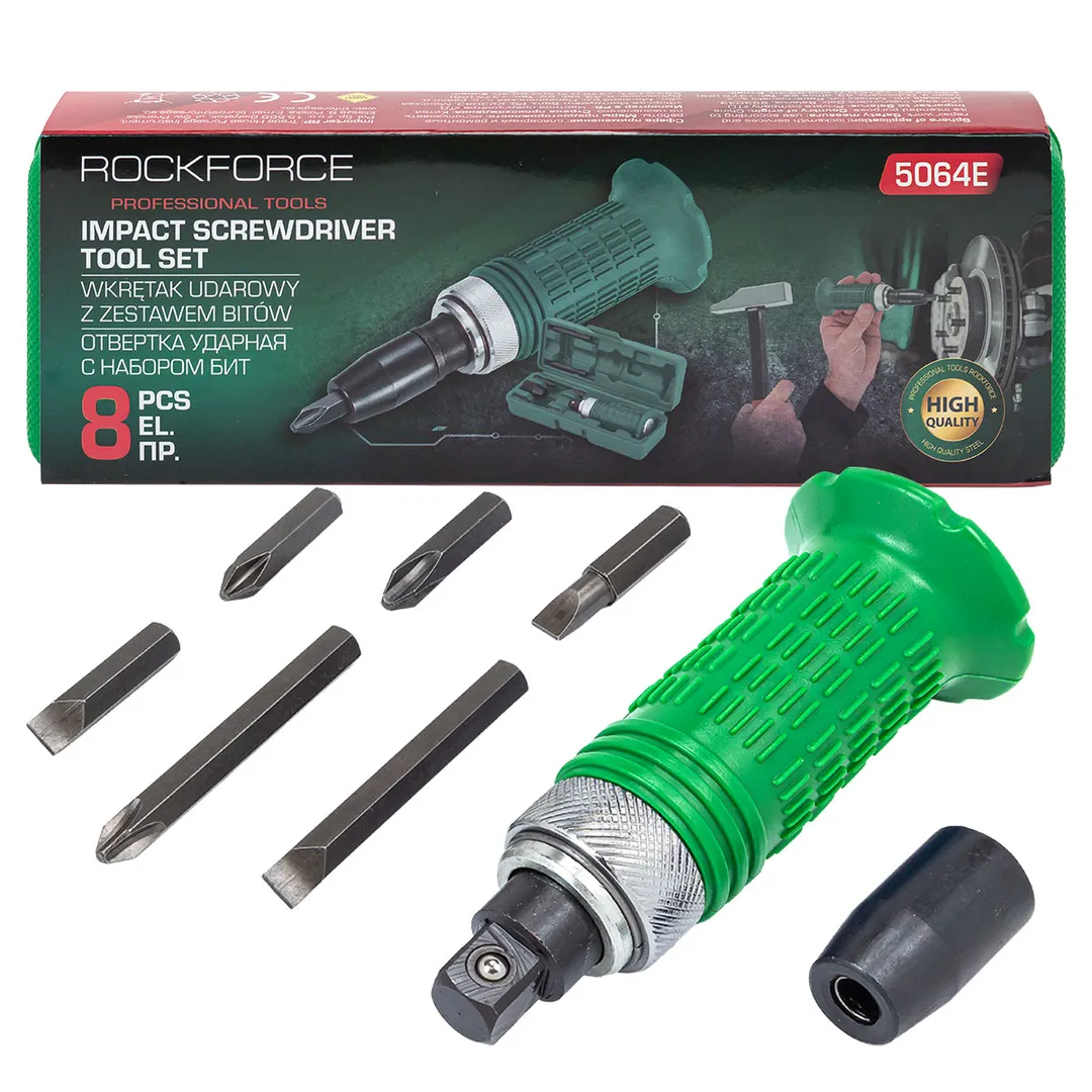 Отвертка ударная с набором бит, 8пр.  Rock FORCE RF-5064E