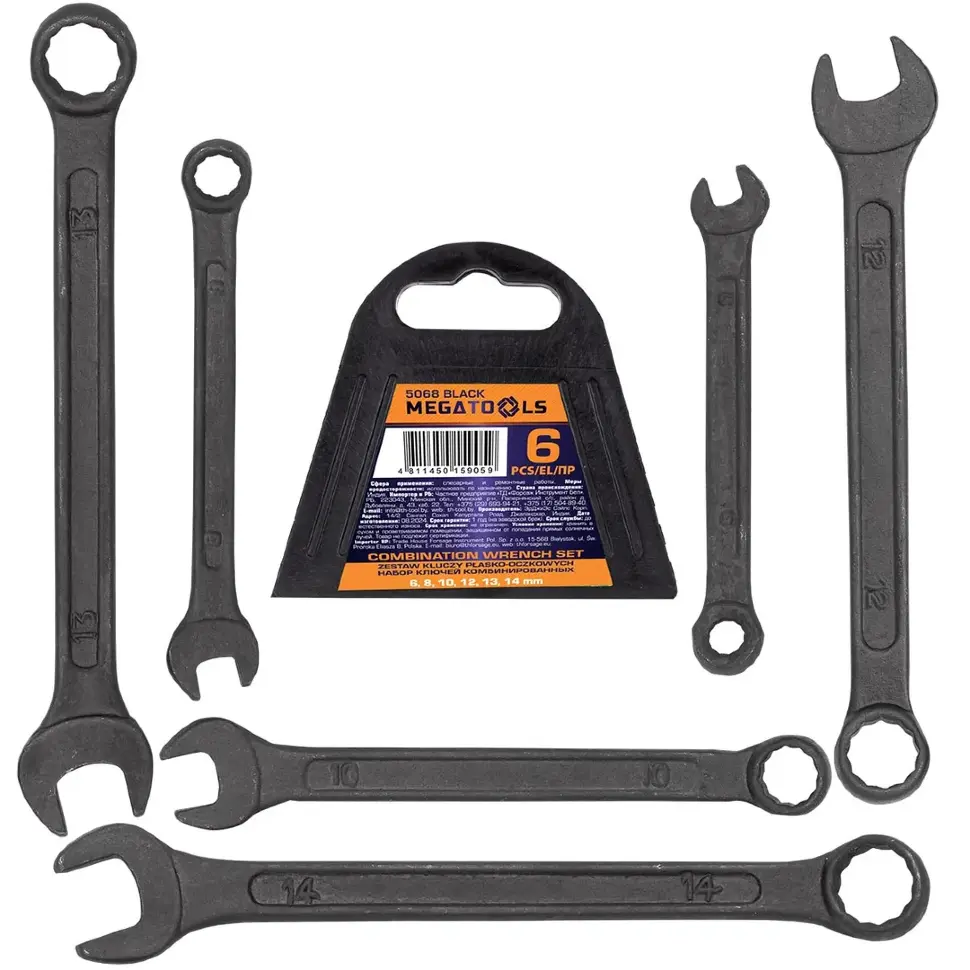 Ключи комбинированные, набор 6пр. (6, 8, 10, 12-14мм) MEGATOOLS MT-5068 BLACK