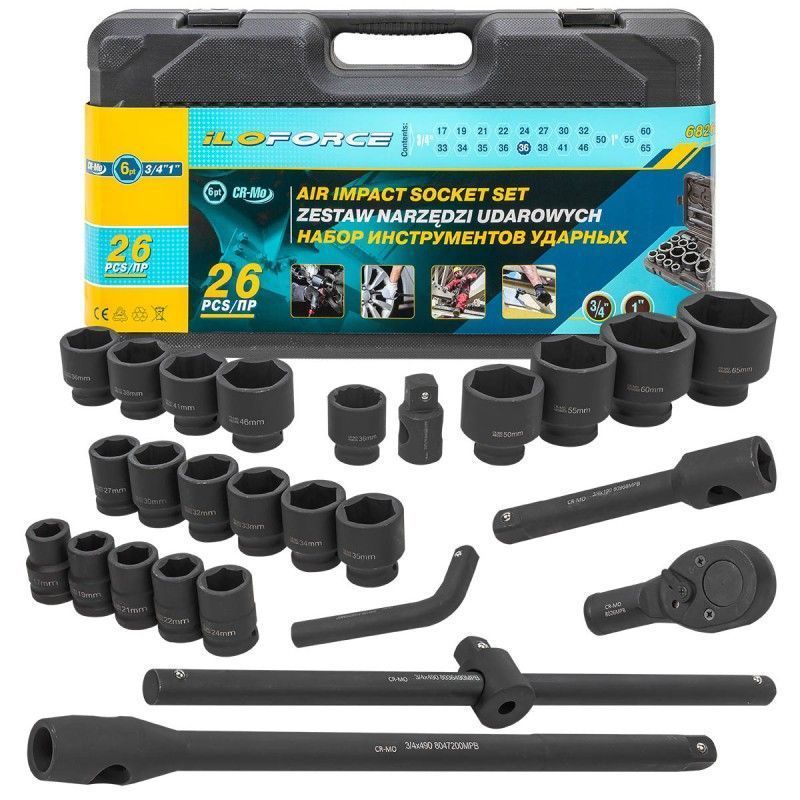 Набор инструментов ударных 26пр., 3/4", 1" 6гр. (17-50мм) ILOforce IF-68262-5MPB
