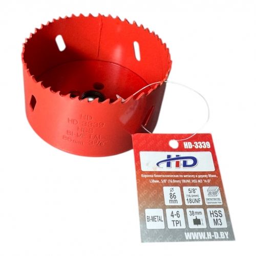 Коронка биметаллическая по металлу и дереву 86мм., L38мм., 5/8"-18UNF, HSS M3 H-D HD-3339
