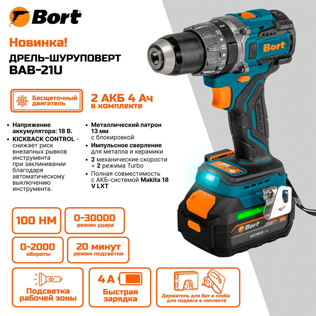 Дрель-шуруповерт аккумуляторная ударная, 18В, 2АКБ 4,0 А/ч, 100 Нм,  0-2000 об/мин,  5700-30000 уд/мин, Bort BAB-21U