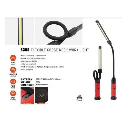Фонарь светодиодный гибкий 800lm, 10+1W, 10M, 3.7V, 4000mAh, IP44, Type-C YATO S308