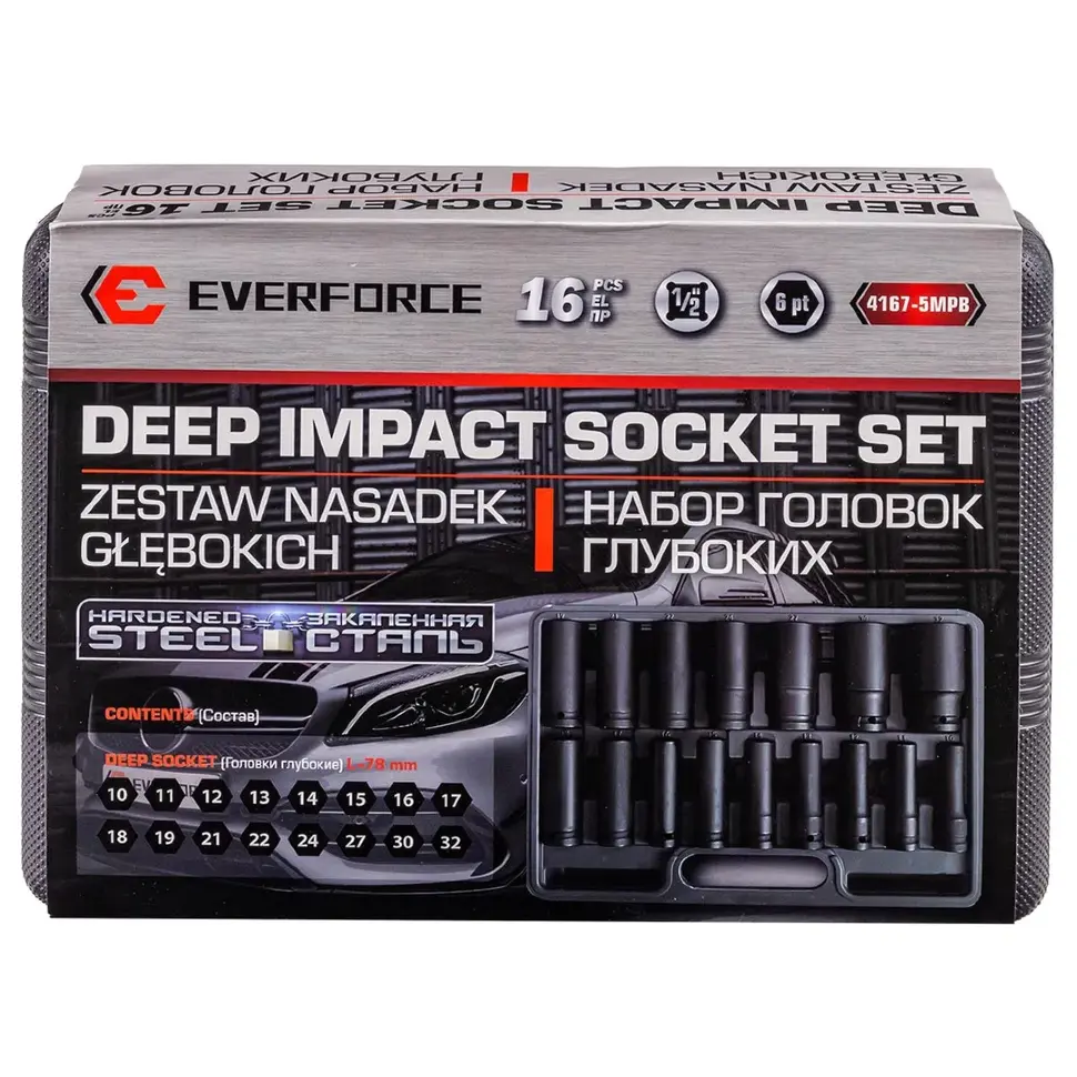 Головки ударные, набор 16пр., 1/2" (10-19, 21, 22, 24, 27, 30, 32мм, 6гр.) EVERFORCE EF-4167-5MPB