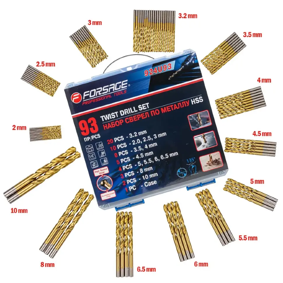 Сверла по металлу, набор 93пр. 2-10мм Forsage F-924U93