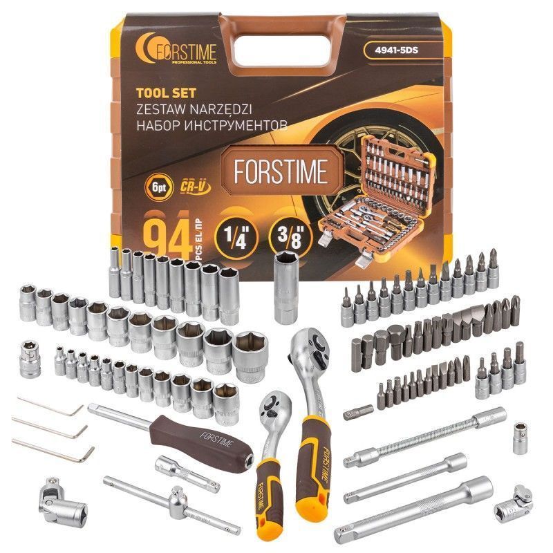 Набор инструментов в пластиковом кейсе (94 предмета) 1/4".3/8" FORSTIME FT-4941-5DS