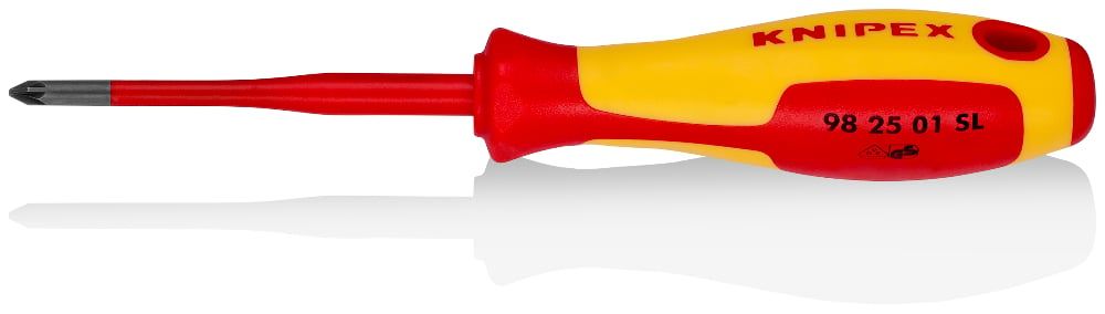 Отвёртка тонкая VDE 1000V Pozidriv PZ 1 крест., длина стержня 80 мм, L-187 мм, 2-комп. рукоятка (KNI KNIPEX 982501SL