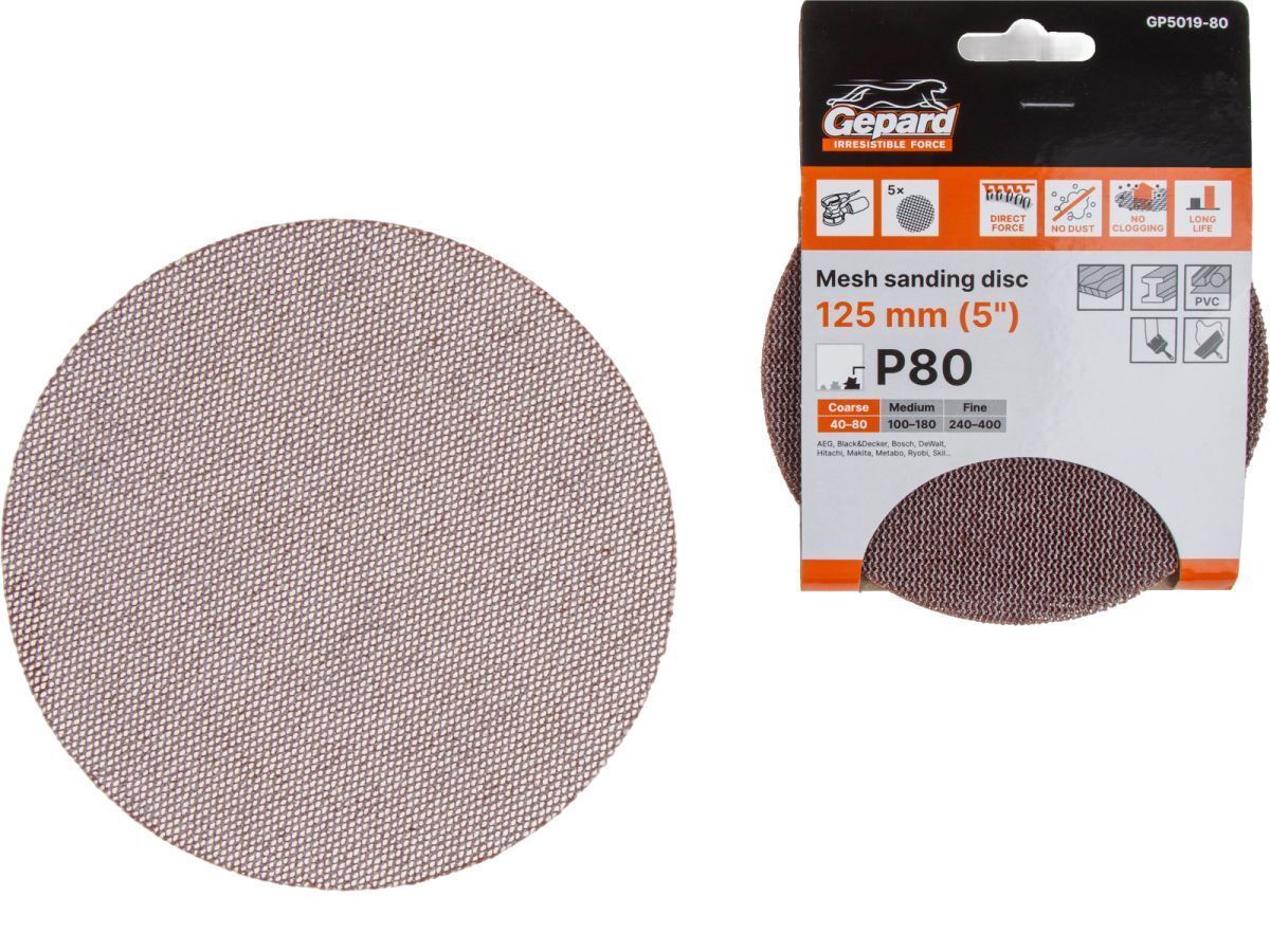 Шлифлист 125мм круг Р80 сетка, самосцепл. 5шт. (GP5019-80) GEPARD GP5019-80