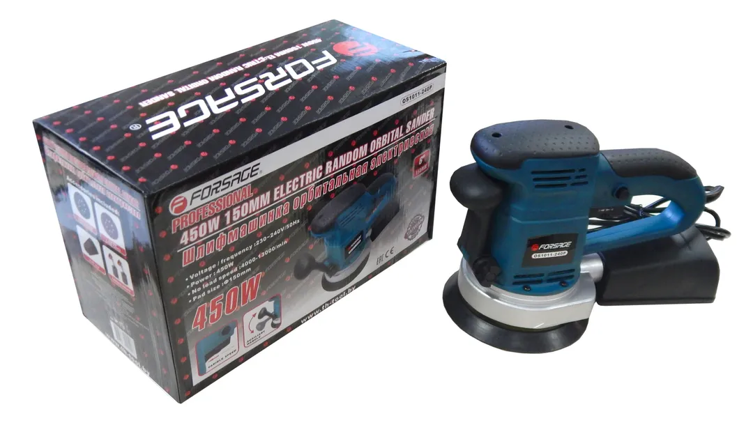 Орбитальная шлифовальная машинка с пылесборнком и дополнительными угольными щетками (220V, 450W, 4000-13000 об/мин,O150мм) Forsage electro OS1011-240P[NEW]