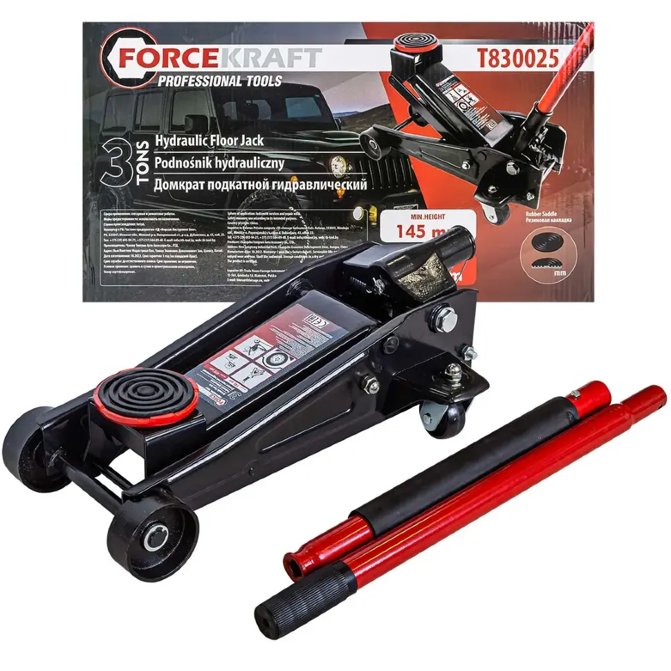 Домкрат подкатной гидравлический 3т (h min 145мм, h max 475мм) с резиновой накладкой FORCEKRAFT FK-T830025