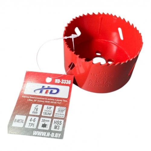 Коронка биметаллическая по металлу и дереву 76мм., L38мм., 5/8"-18UNF, HSS M3 H-D HD-3336