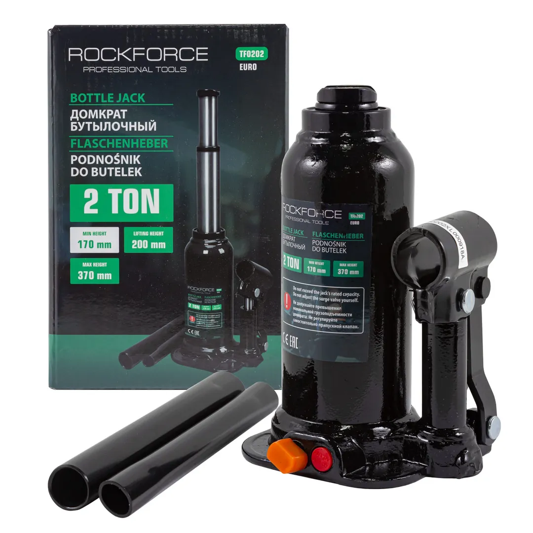 Домкрат бутылочный двухштоковый 2т с клапаном (h min 170мм, h max 370мм) Rock FORCE RF-TF0202