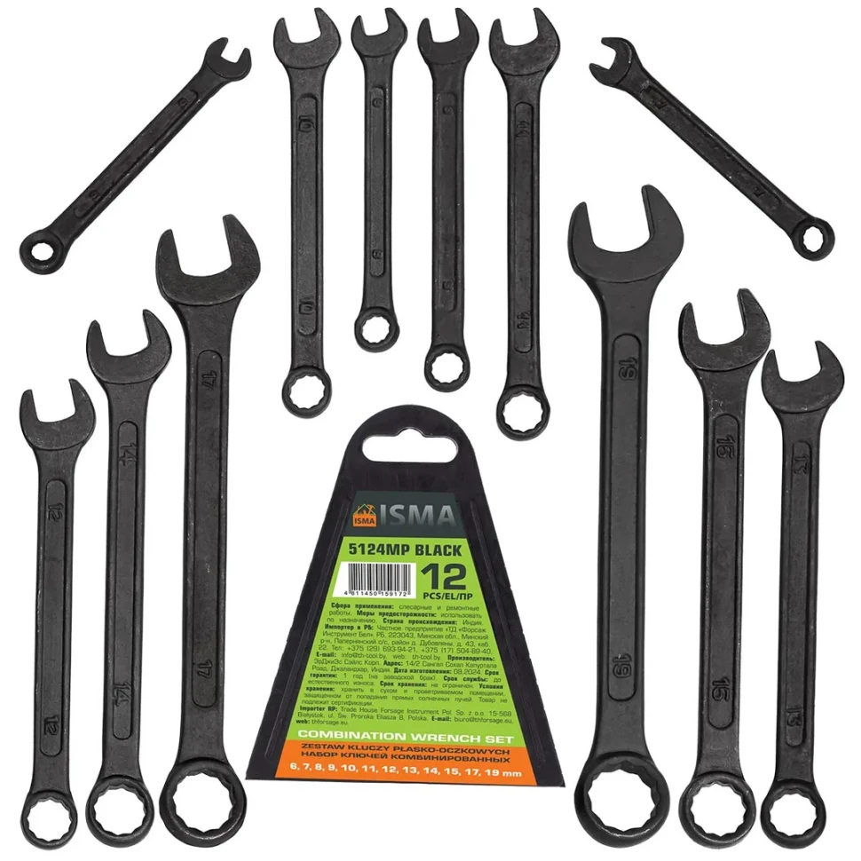 Набор ключей комбинированных 12 пр. (6-15,17,19мм), в пластиковом держателе ISMA ISMA-5124MP BLACK