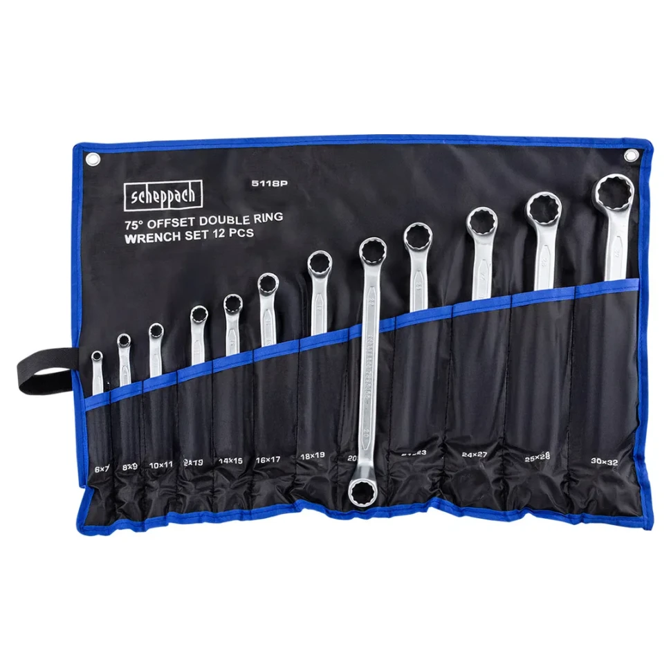 Ключи накидные отогнутые на 75град., набор 12пр. (6х7, 8х9, 10х11, 12х13, 14х15, 16х17, 18х19, 20х22...Scheppach Sch-5118P