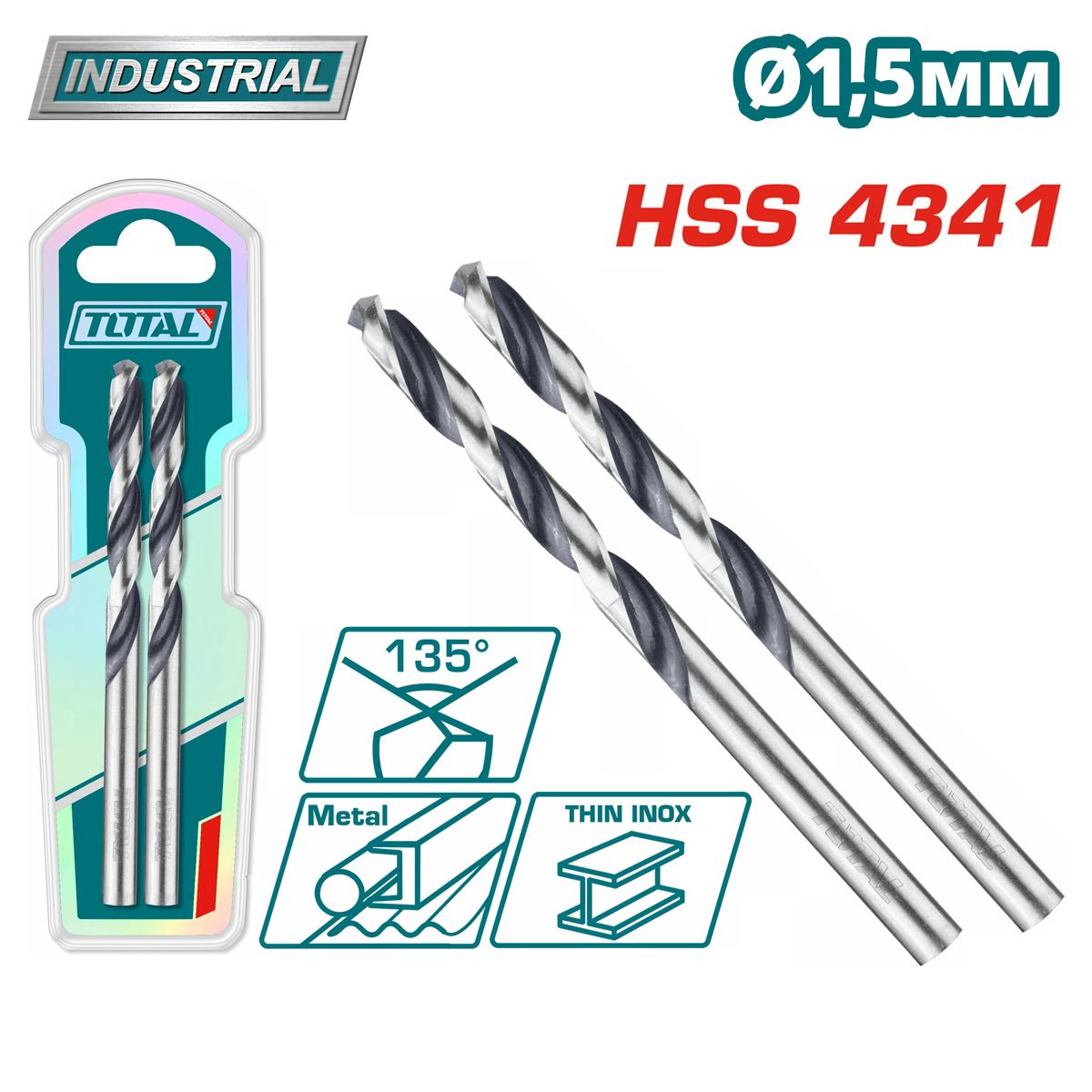 Сверло по металлу HSS 1,5 мм TOTAL TAC1200154 (2 шт)