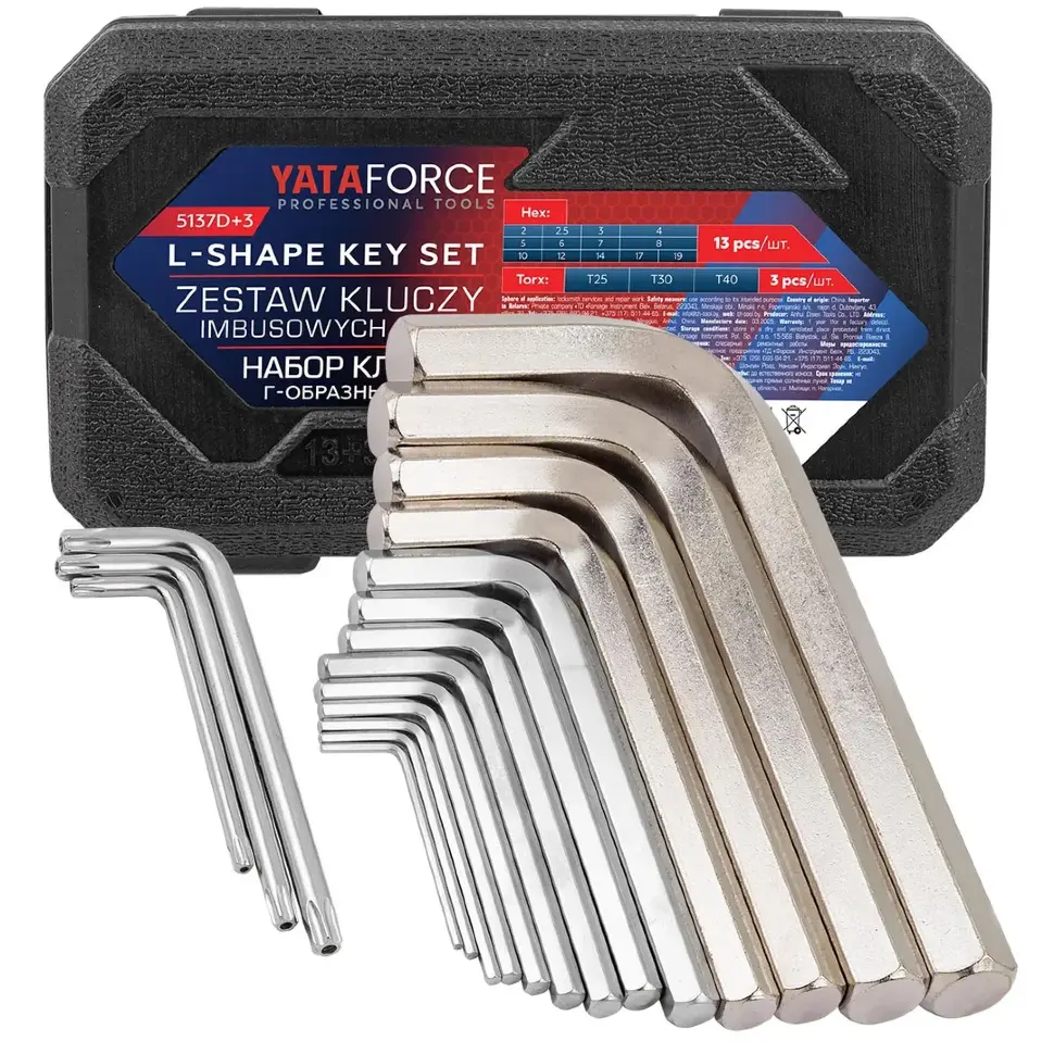 Ключи Г-образные 6-гранные, набор 13+3пр. (2, 2.5, 3-8, 10, 12, 14, 17, 19мм + T25, T30, T40) YATAFORCE YF-5137D+3
