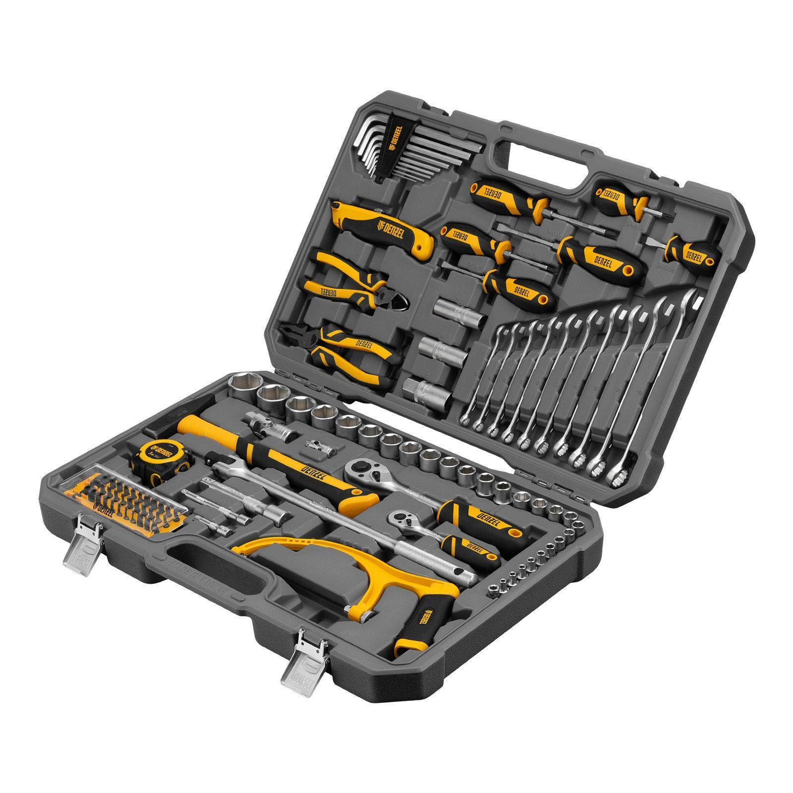 Набор инструментов, 1/2", 1/4", CrV, S2, пластиковый кейс, 100 предметов  ...DENZEL 15803
