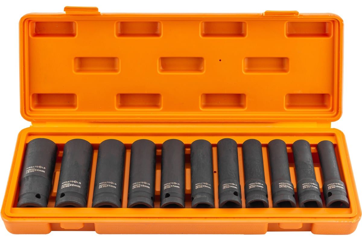 Головки глубокие ударные, набор 11пр., 1/2" (10-15, 17, 19, 21, 22, 24мм, 6гр.) MEGATOOLS MT-4117-5MPB