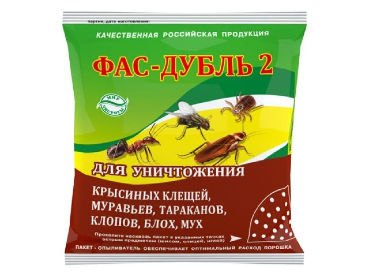Средство от насекомых Фас-Дубль 2 (дуст) 125 г (от крысиных клещей, мух, блох, муравьев, тараканов, клопов, пакет-опыливатель) АГРОВИТ 4603646007967