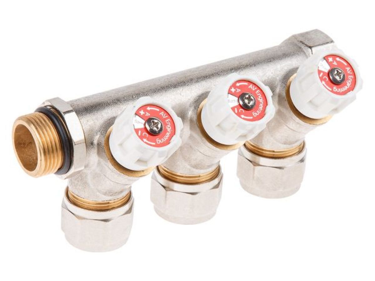 Коллектор с отсекающими вентилями, 3/4"х3 вых. (16х2.0) AV Engineering AVE1132003