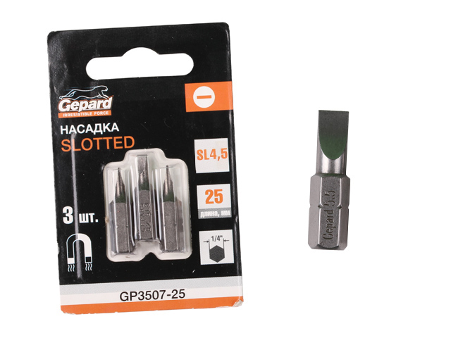 Насадка шлицевая SL4.5 25mm 3шт (бита Slotted сталь S2 магнитная) GEPARD GP3507-25