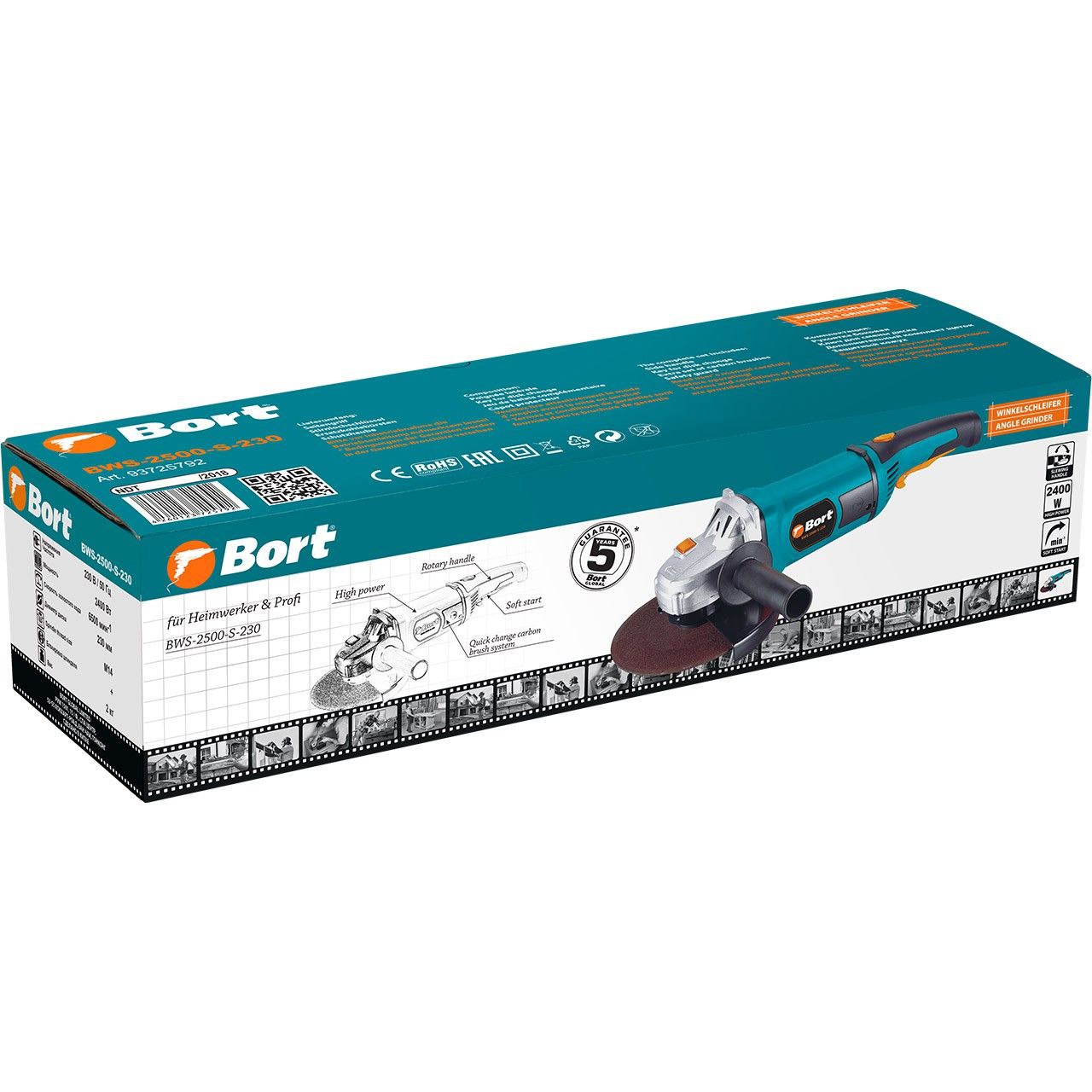 Углошлифмашина 2400Вт, 230мм, 6500об/мин, Bort BWS-2500-S-230