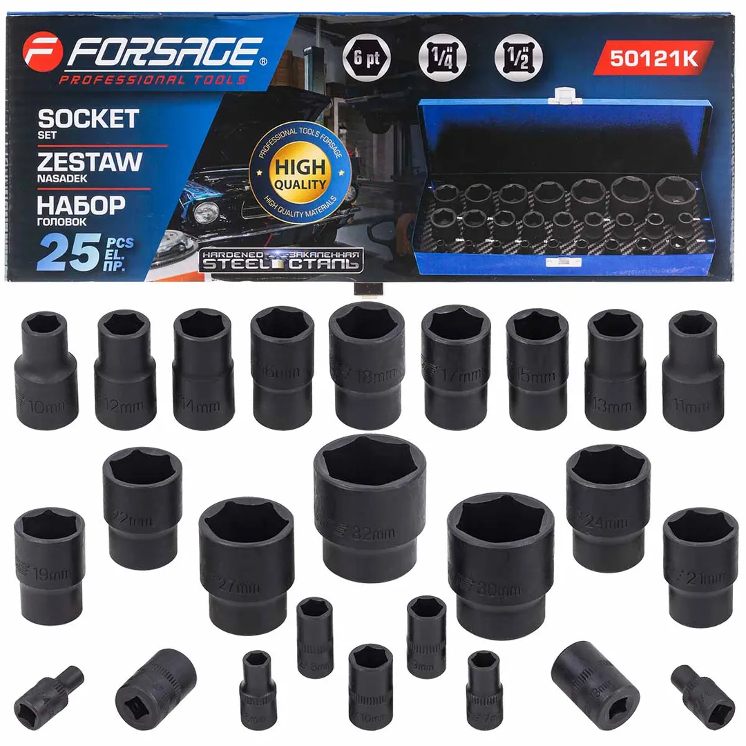 Головки ударные, набор 25пр. 1/4", 1/2" 6гр. (4-32мм) Forsage F-50121K