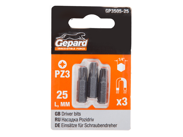 Насадка крестообразная PZ3 25mm 3шт (бита Pozidrive сталь S2 магнитная) GEPARD GP3505-25