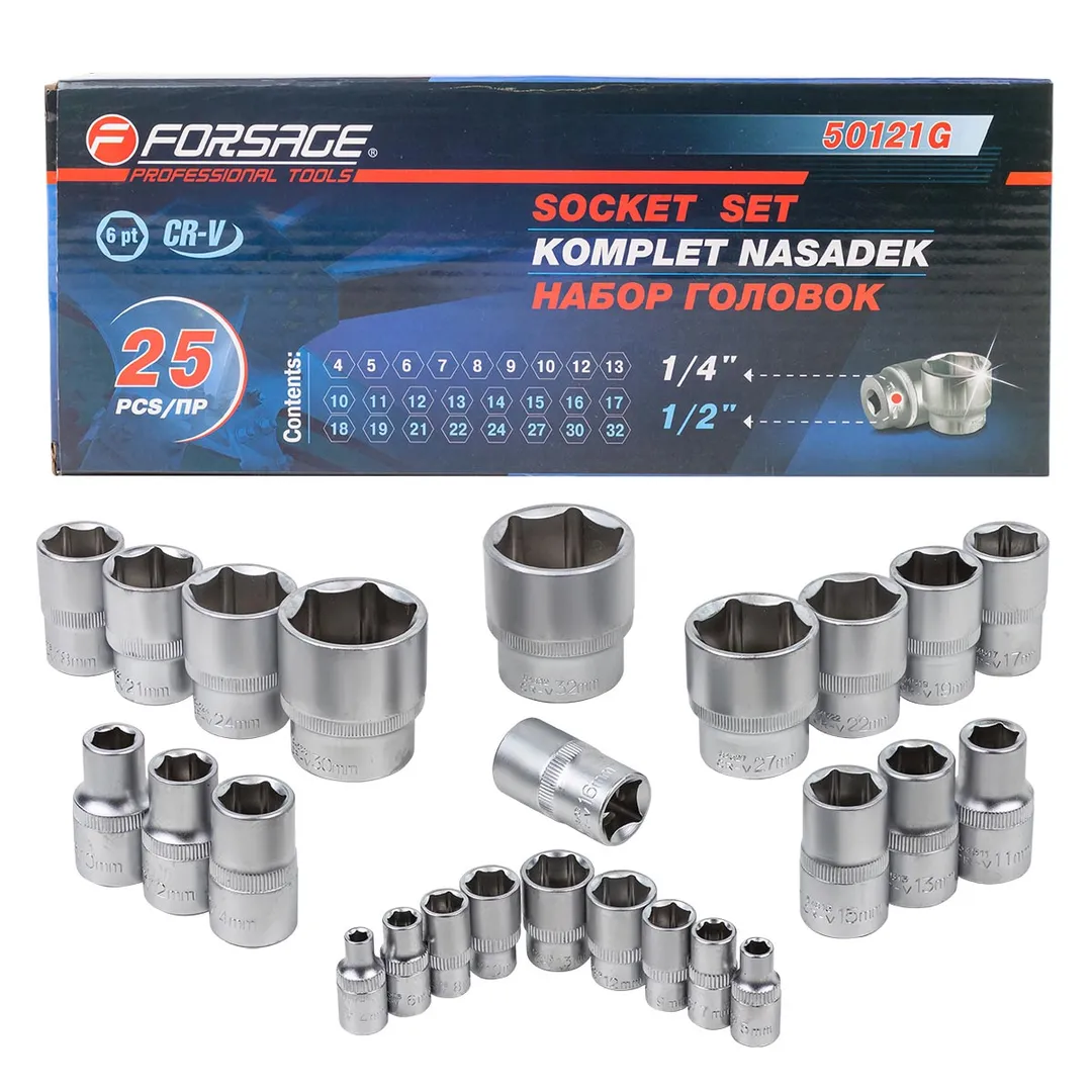 Головки 1/4", 1/2", набор 25пр. 6гр. (4-32мм) Forsage F-50121G