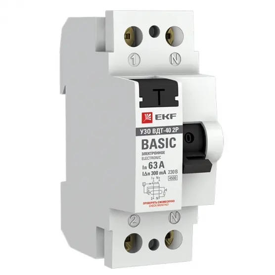 Устройство защитного отключения УЗО ВДТ-40 2P 63А/300мА (электронное)  Basic EKF elcb-2-63-300e-sim