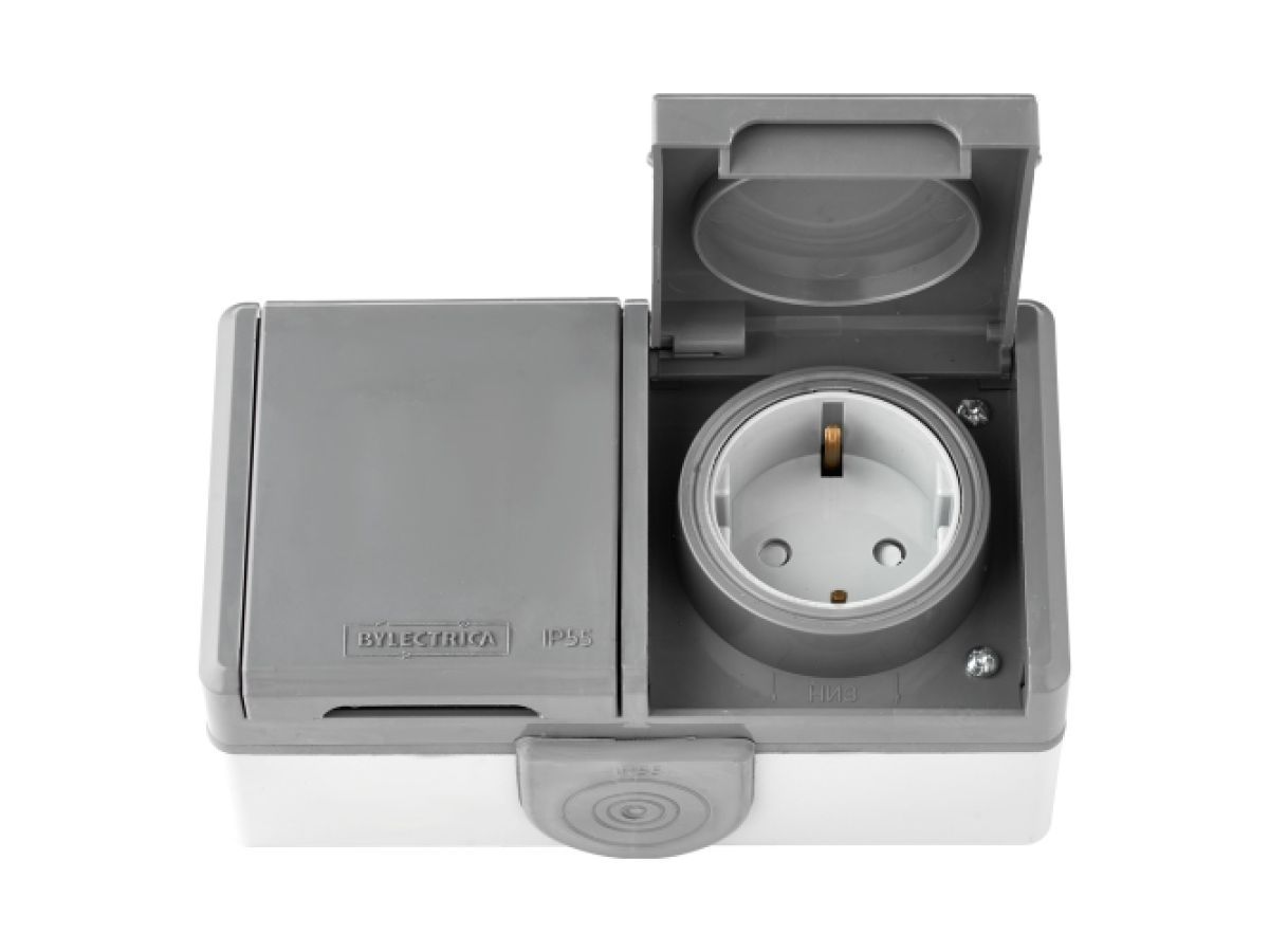 Розетка 2-ая (открытая, с/з, струезащ.) серая, Пралеска Аква, Bylectrica (IP55 пылеструезащищенная) BYLECTRICA PA16-0156 (03)