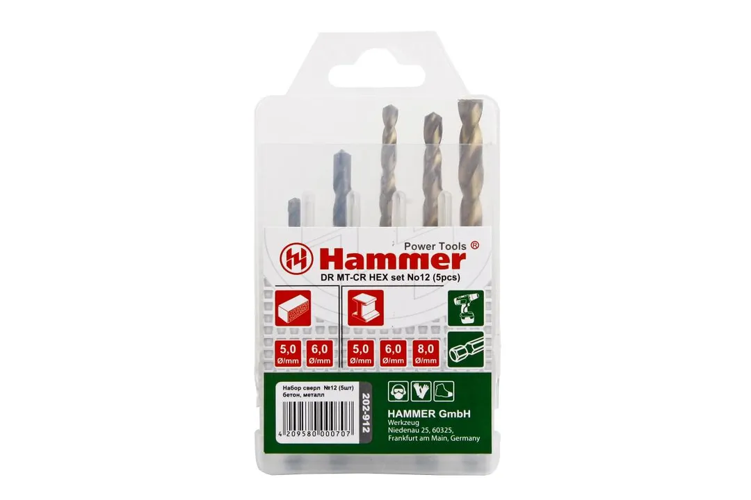 Набор сверел Hammer Flex 202-912 DR set No12 HEX (5pcs) 5-8mm металл\камень, 5шт. Hammer 202-912