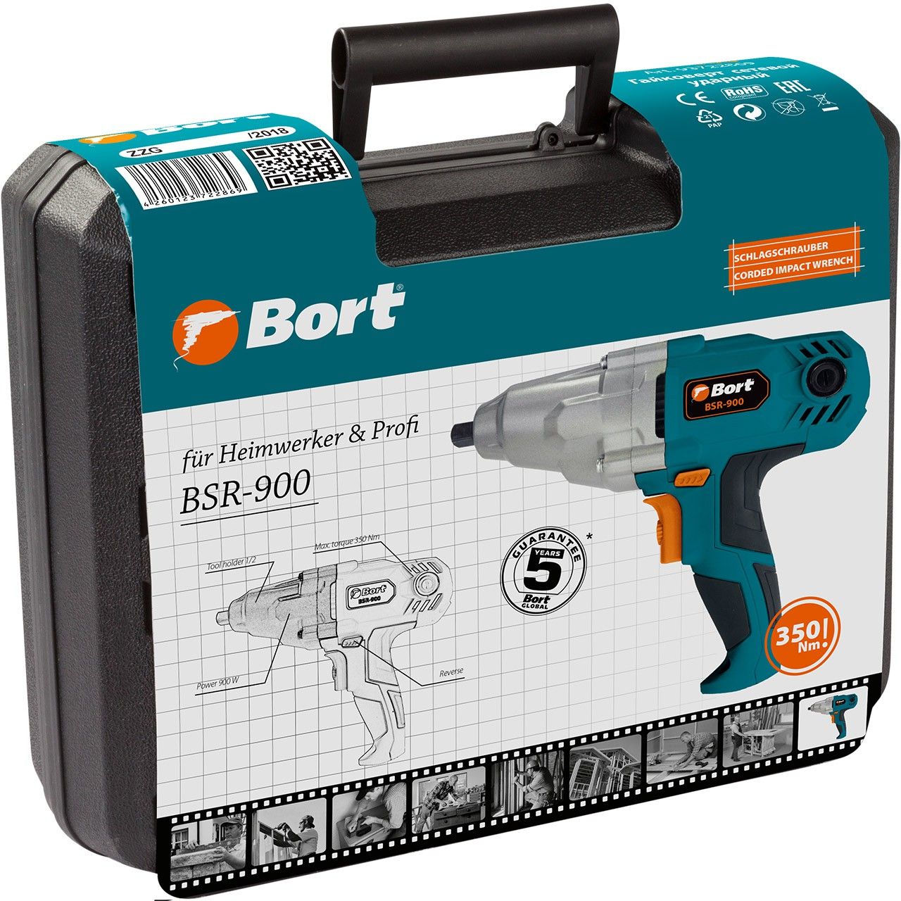 Гайковерт сетевой 900Вт, 1/2", 350Нм, 0-2300об/мин, Bort BSR-900
