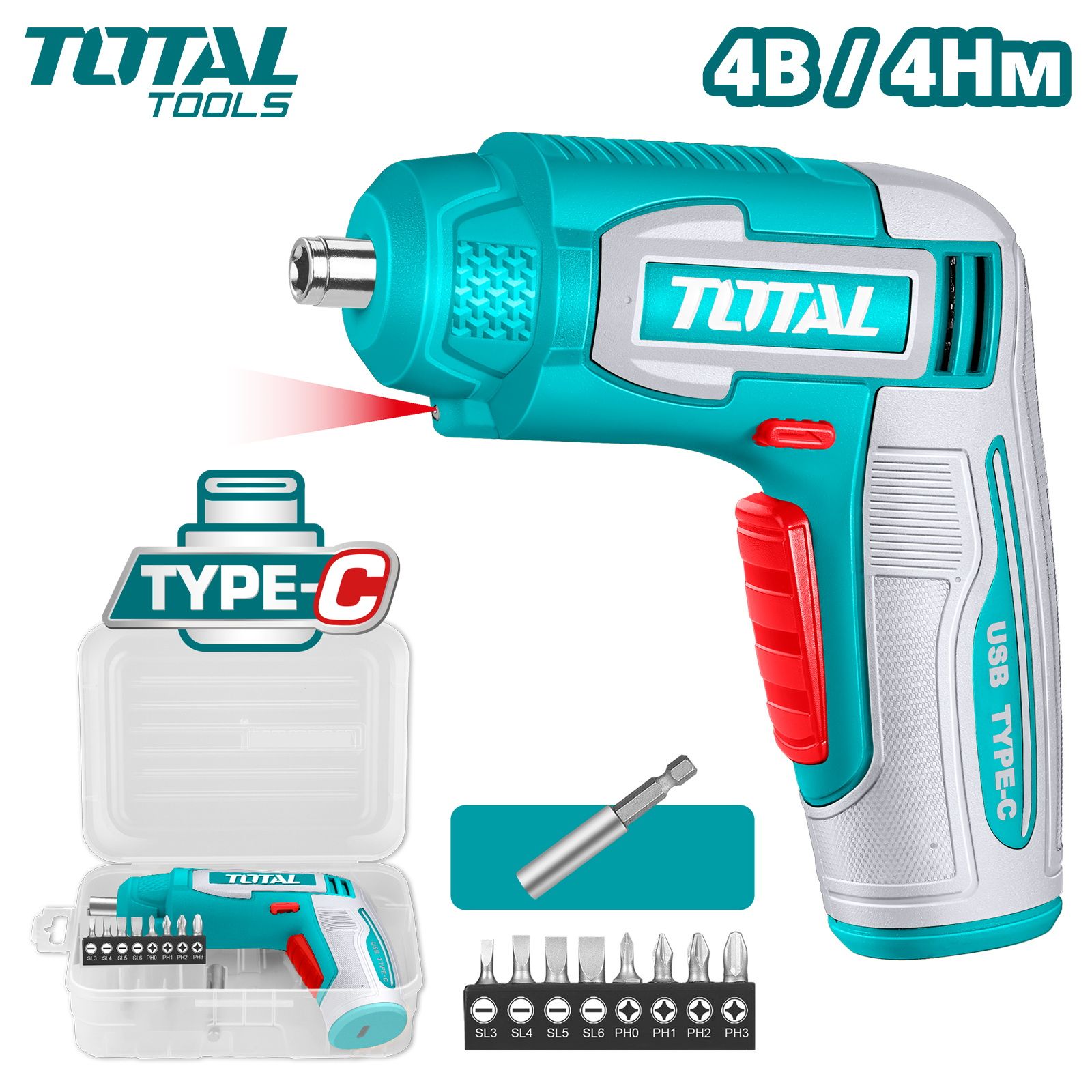Отвертка аккумуляторная , 4V, 4Нм, 1/4", 240 об/мин, USB Type-C, TOTAL TSDLI0458