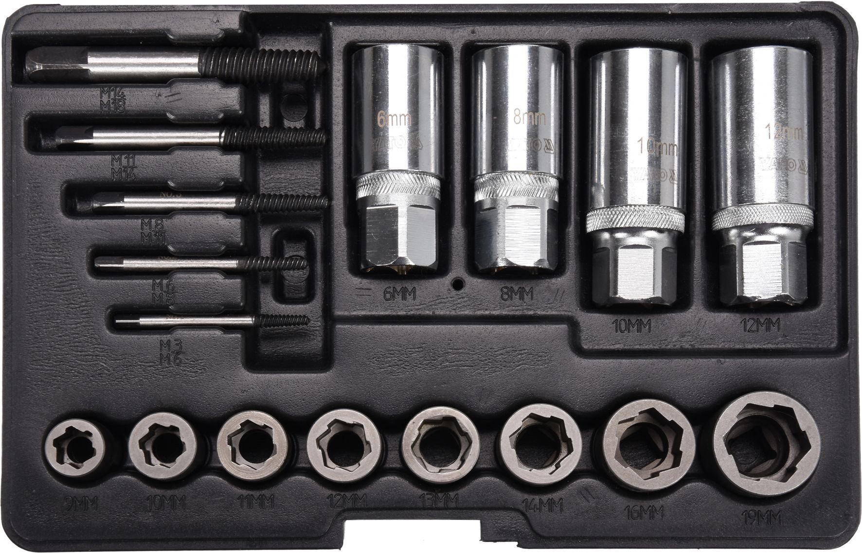 Головки для скрученных гаек 1/2" и 3/8", 6-19мм, (набор 17пр.)  ...YATO YT-06033