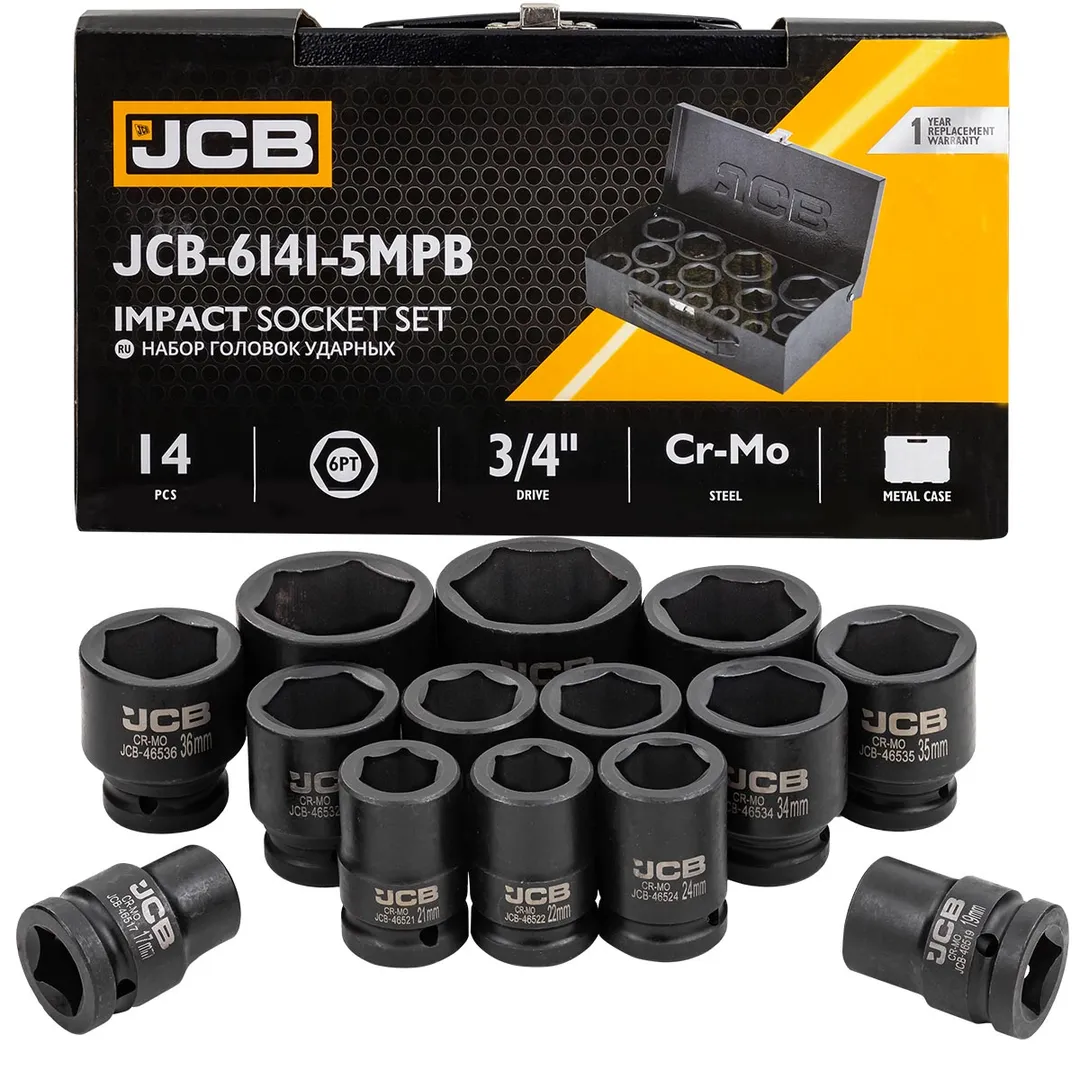 Набор головок ударных 3/4" 14пр. (6гр.) (17,19,21,22,24,27,30,32,34,35,36,41,46,50) в кейсе JCB JCB-6141-5MPB